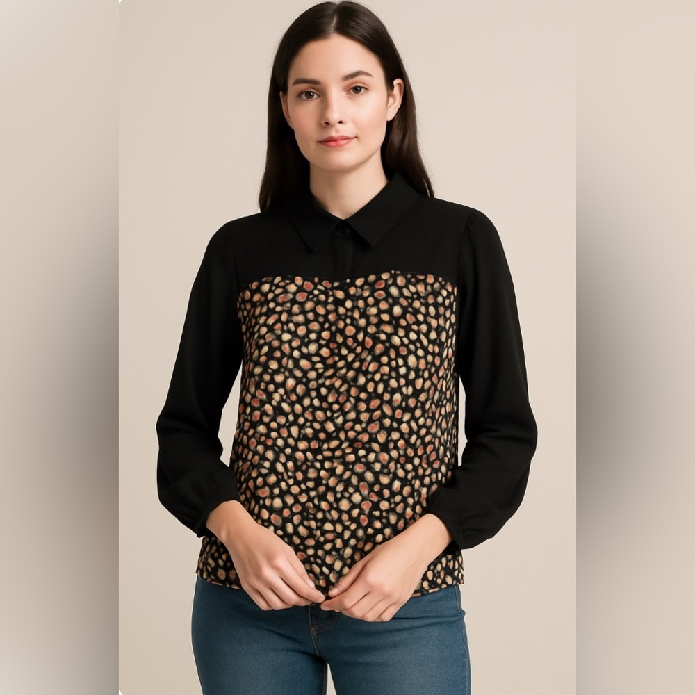 Lowrys Farm Collared Abstract Print Longsleeves Top Size L